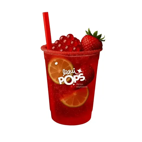 Vaso frío de soda de frutilla y limón con popping boba rojo encima y bombilla roja