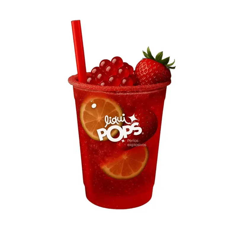 Vaso frío de soda de frutilla y limón con popping boba rojo encima y bombilla roja